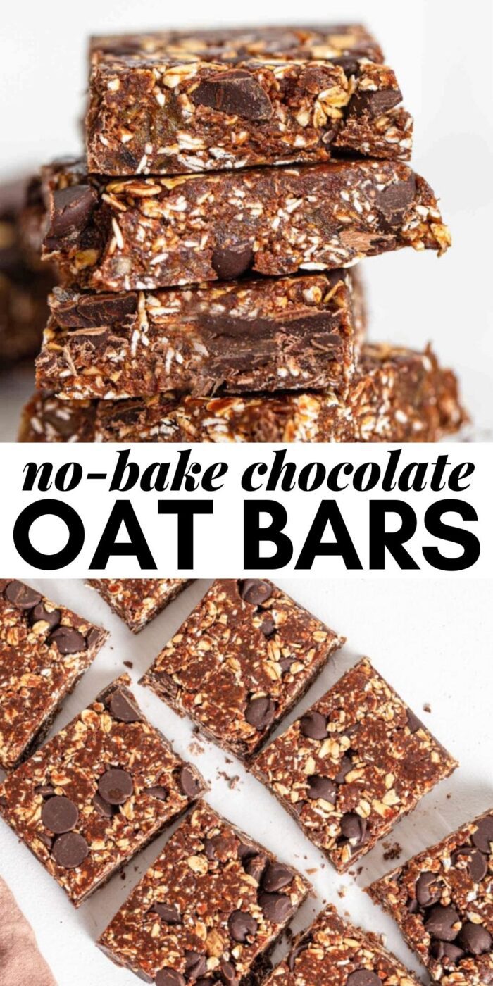 Pinterest graphic with an image and text for chocolate oat bars.