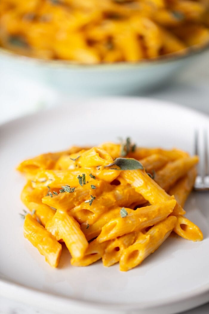 A plate of pumpkin penne pasta topped with bits of fresh sage on a small plate with a fork resting on it. A bowl of pumpkin pasta can be seed in the background.
