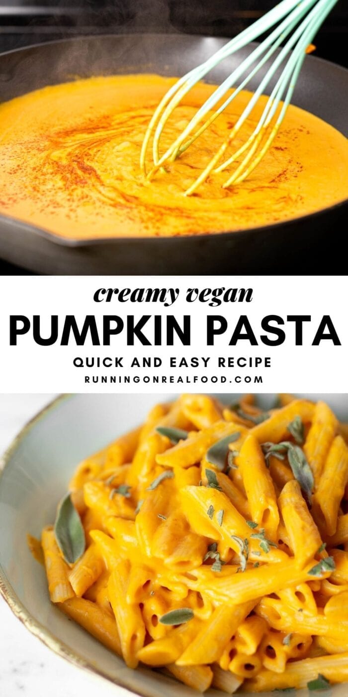 Pinterest graphic with an image and text for creamy vegan pumpkin pasta.