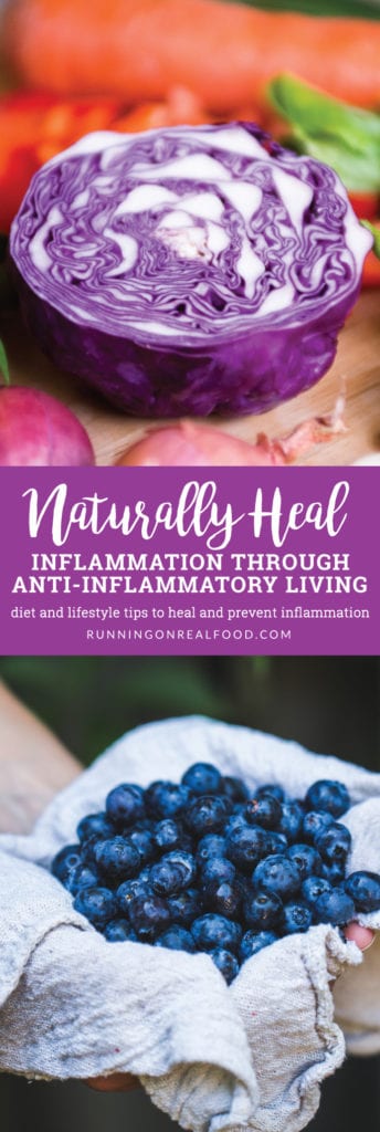 Tall graphic with two images of fruit and vegetables and text reading: naturally heal inflammation through anti-inflammatory living.