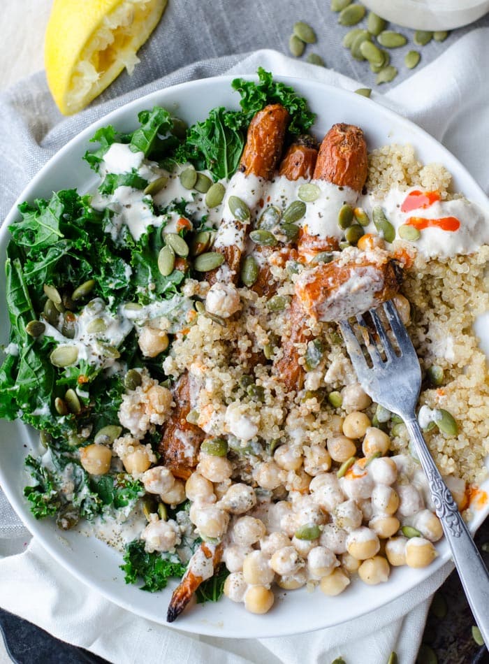 Vegan Whole Roasted Carrot, Kale and Quinoa Bowl with Lemon Tahini Dressing | gluten-free | Running on Real Food