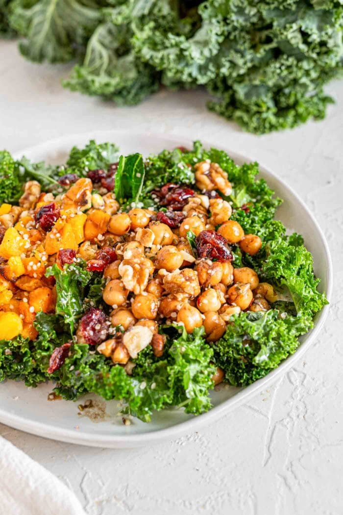 A squash, cranberry, walnut and chickpea kale salad in a bowl.