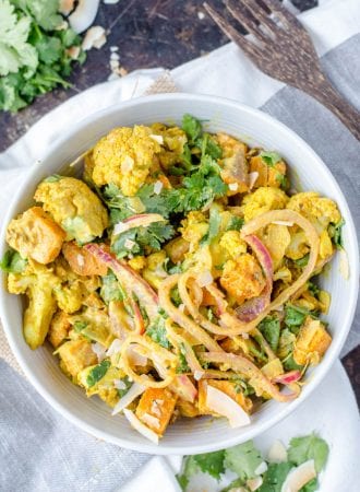 Vegan Roasted Curried Cauliflower Salad with Sweet Potato, Coconut and Cilantro | Gluten-Free