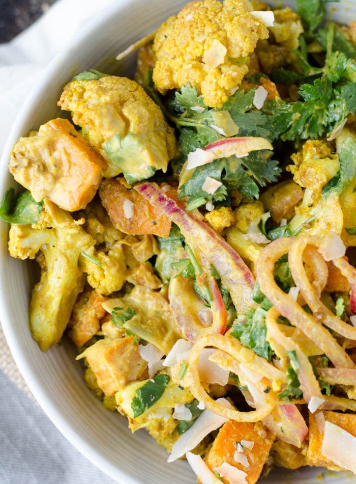 Vegan Curried Roasted Cauliflower Salad with Sweet Potato, Coconut and Cilantro | Gluten-Free