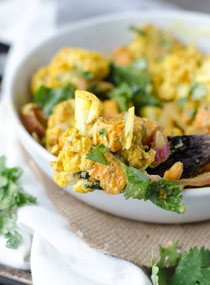 Vegan Curried Roasted Cauliflower Salad with Sweet Potato, Coconut and Cilantro | Gluten-Free