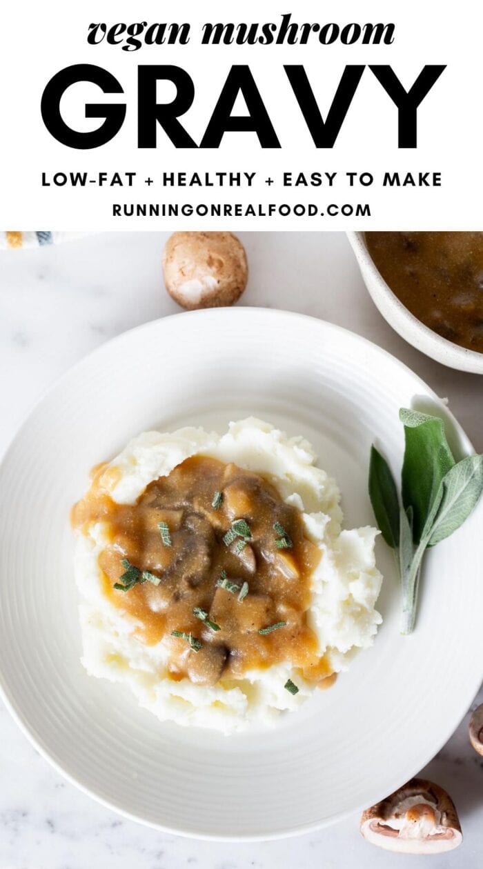 Pinterest graphic with an image and text for vegan mushroom gravy.