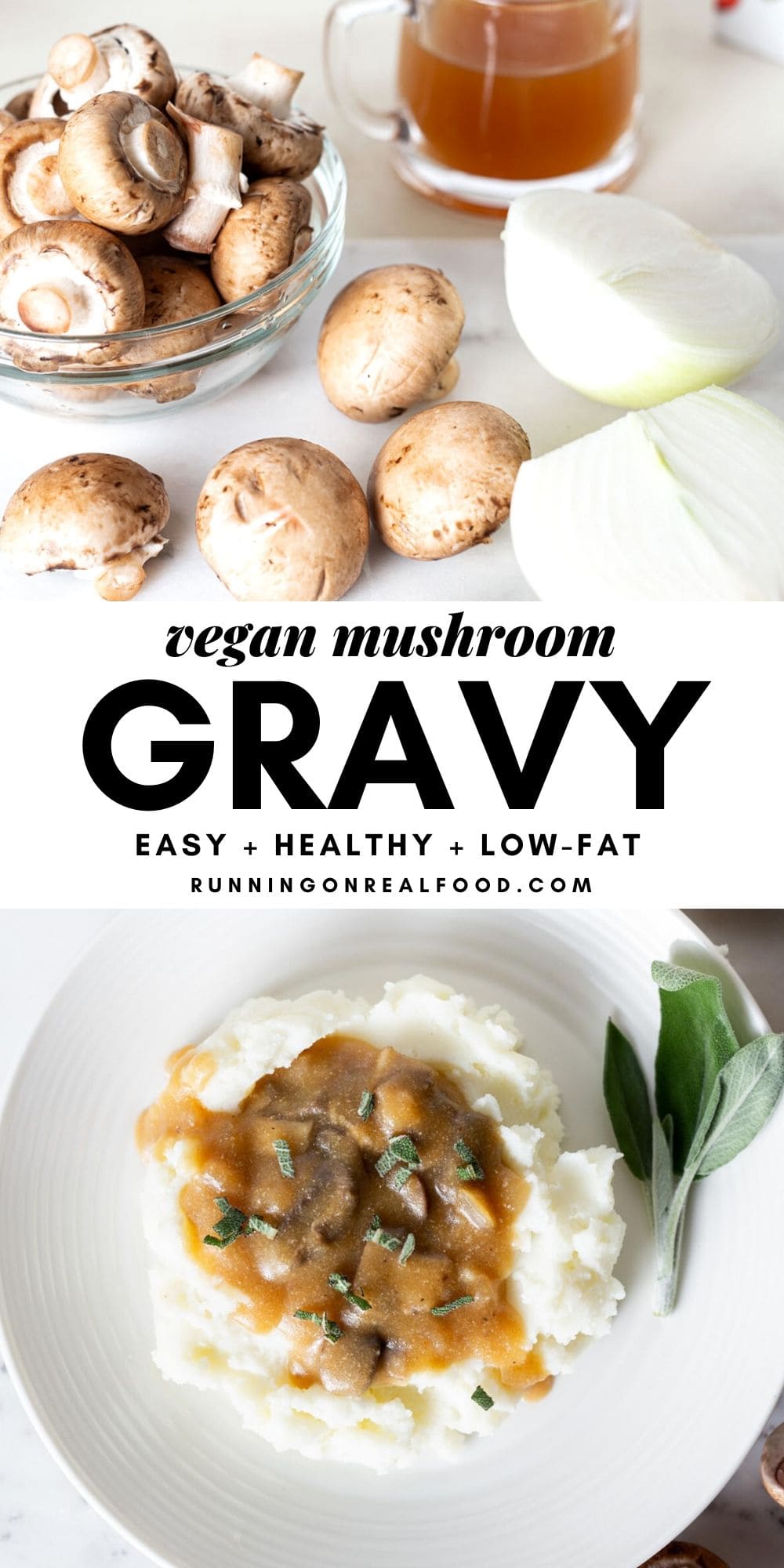 Pinterest graphic with an image and text for vegan mushroom gravy.