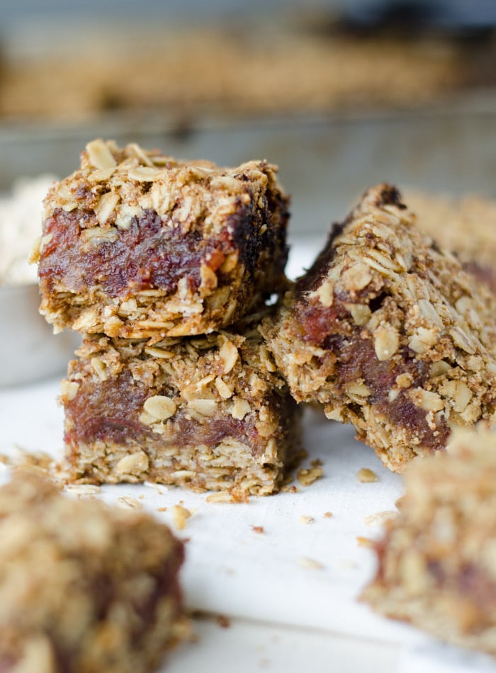 Two date oat squares stacked on top of each other.
