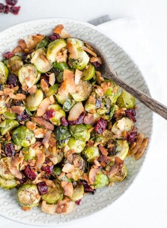 Roasted Brussel Sprouts with Maple Balsamic Glaze, Coconut Bacon and Cranberries