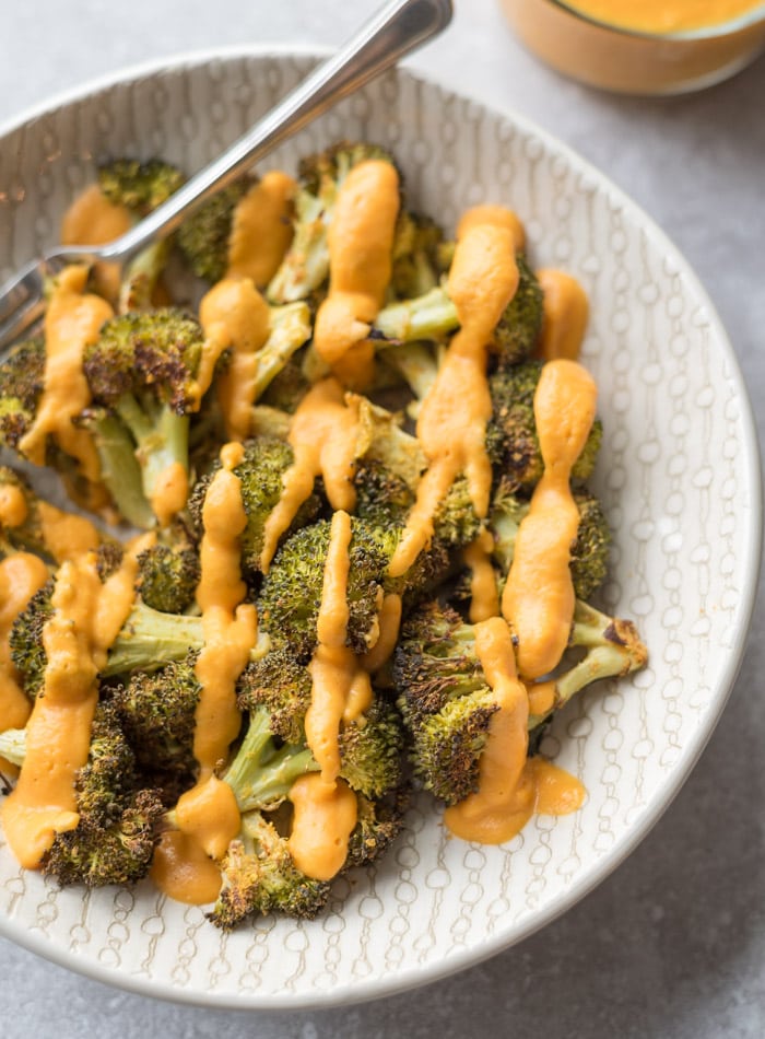 Crispy Cheesy Roasted Broccoli wth Vegan Cheese Sauce