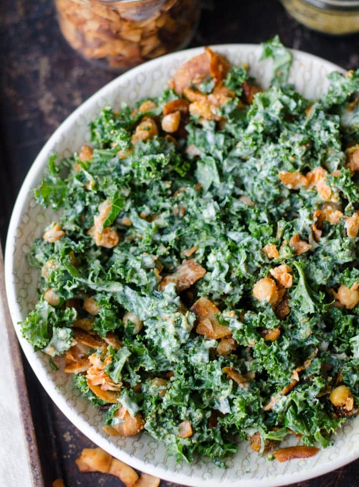 Vegan Kale Caesar Salad with Roasted Chickpeas and Coconut Bacon