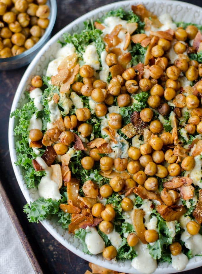 Vegan Kale Caesar Salad with Roasted Chickpeas and Coconut Bacon