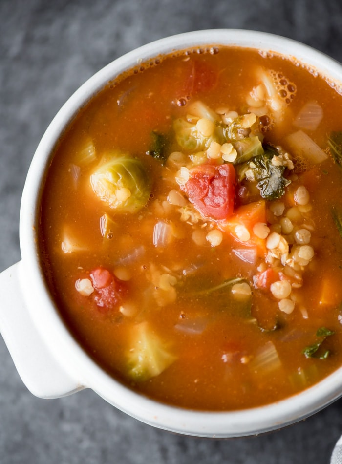 Red Lentil Tomato Soup with Kale and Brussel Sprouts