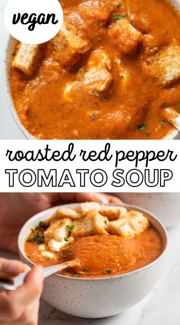 Pinterest graphic with an image and text for vegan red pepper tomato soup.