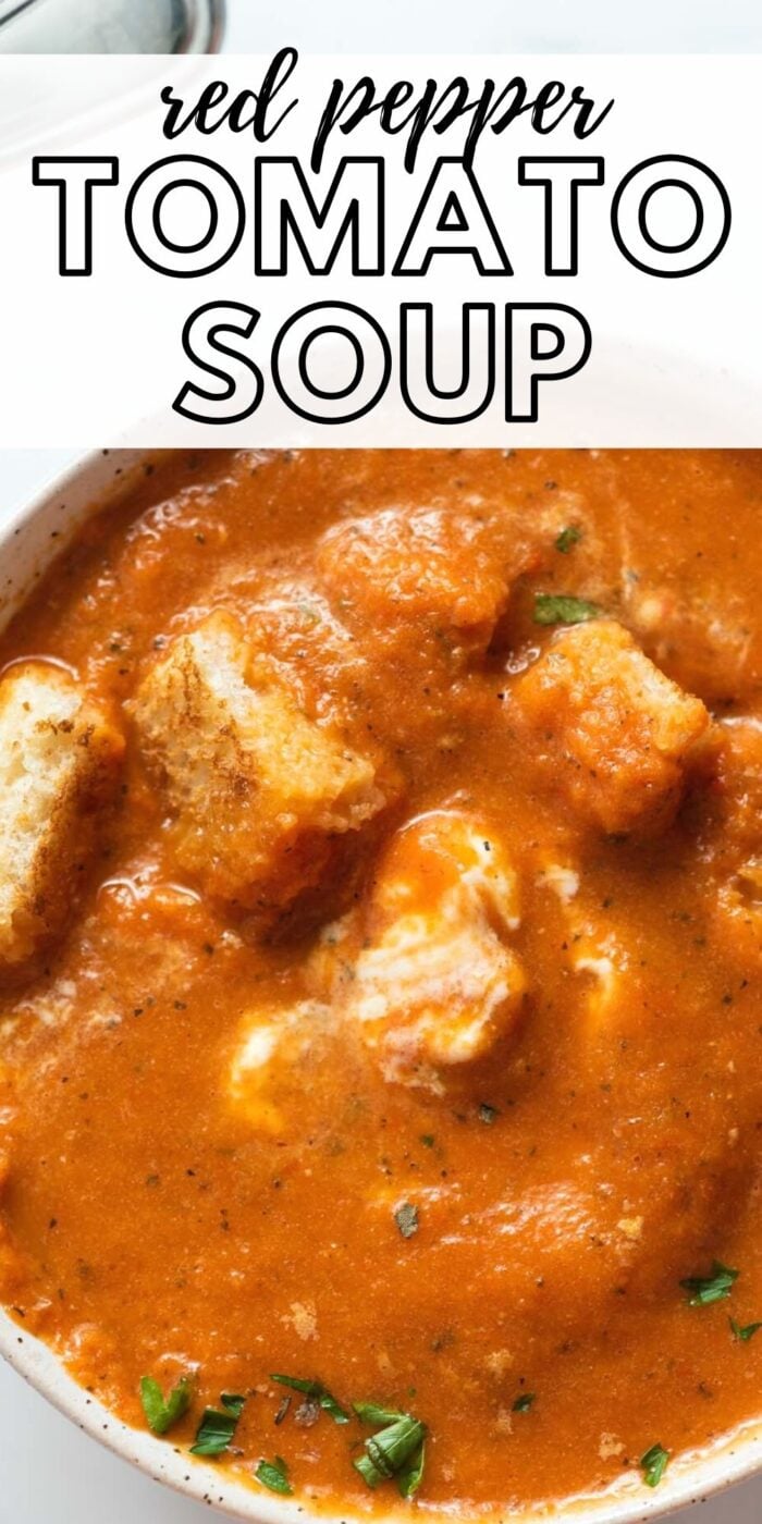 Pinterest graphic with an image and text for vegan red pepper tomato soup.
