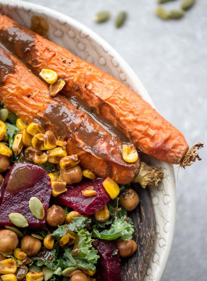 Vegan Roasted Beet Salad with Carrots and Marinated Chickpeas