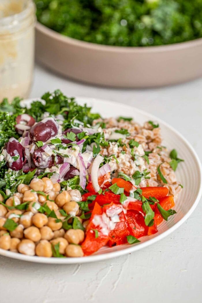A salad with roasted red peppers, chickpeas, red onion, kale, farro and olives.
