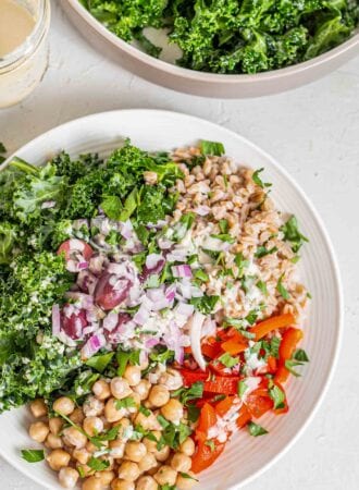 A farro salad with chickpeas, kale, roasted red peppers, olives and red onion.