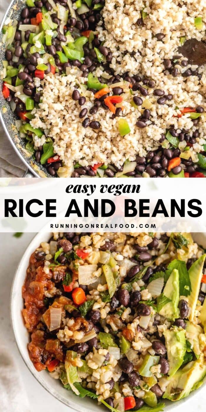 Pinterest graphic with an image and text for an easy rice and beans recipe.