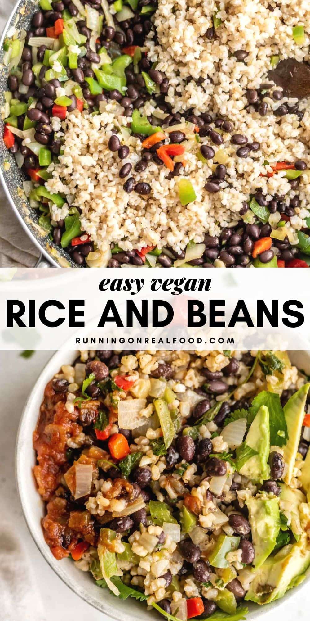 Pinterest graphic with an image and text for an easy rice and beans recipe.