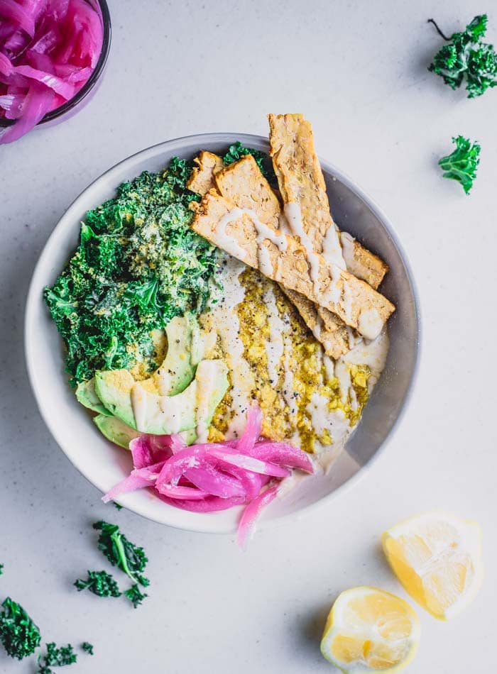 Vegan Turmeric Savory Oatmeal Recipe with Tempeh and Kale