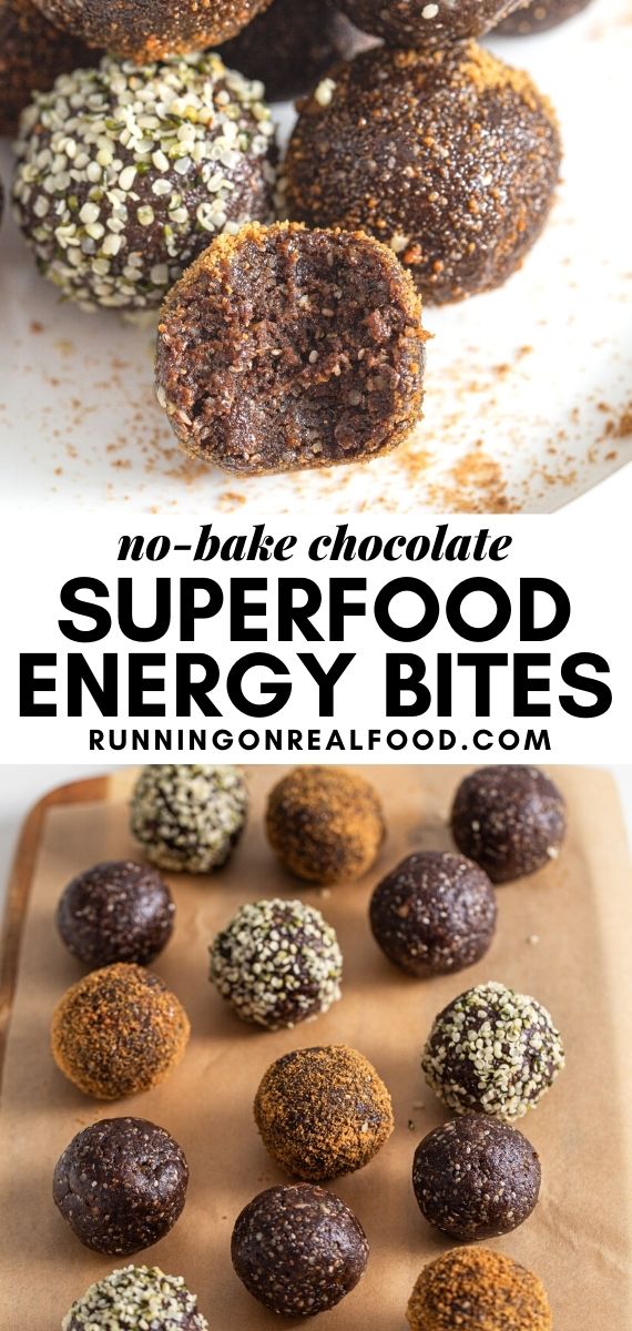 Pinterest graphic with an image and text for superfood energy balls.