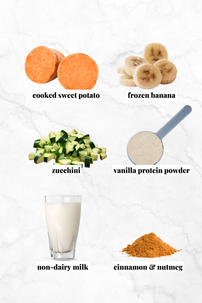 Ingredients for a sweet potato smoothie: sweet potato, sliced banana, zucchini chunks, protein powder, milk and cinnamon.