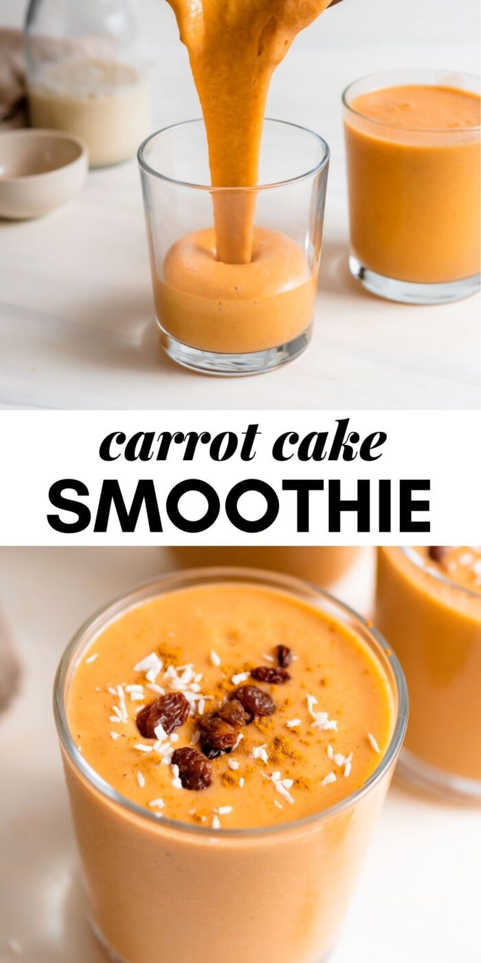 Pinterest graphic with an image and text for a carrot cake smoothie.