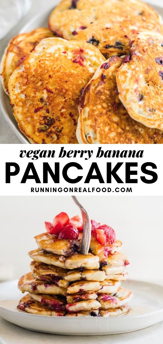 Pinterest graphic with an image and text for berry banana pancakes.