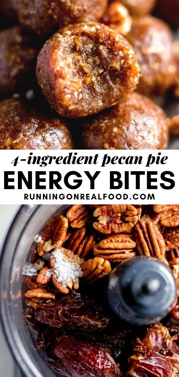 Pinterest graphic with an image and text for pecan pie bites.