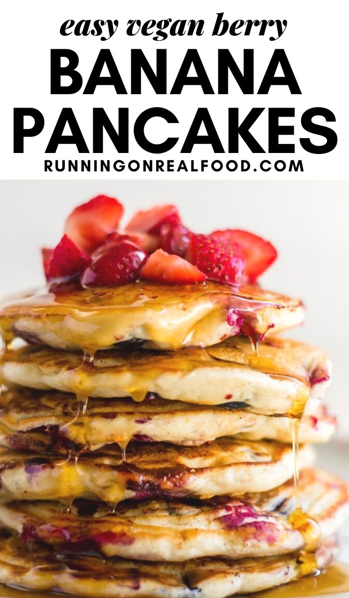 Pinterest graphic with an image and text for berry banana pancakes.