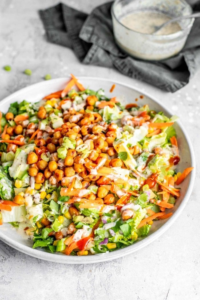 Vegan BBQ Chickpea Salad Recipe with Tahini Ranch Dressing - Running on Real Food
