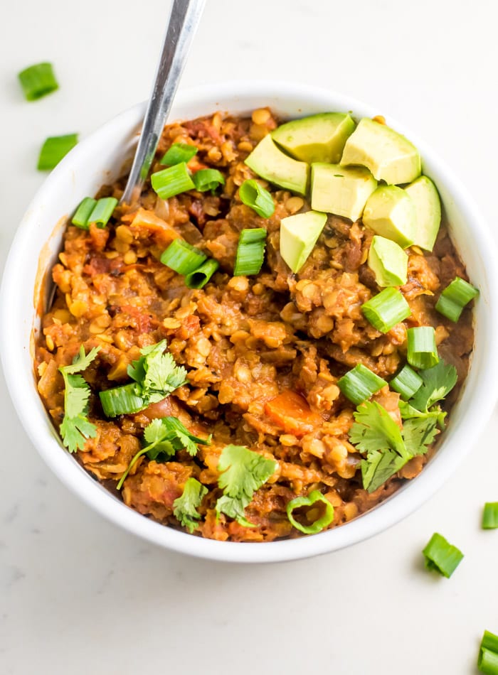 Vegan Red Lentil Chili {Slow Cooker Recipe}  Running on Real Food