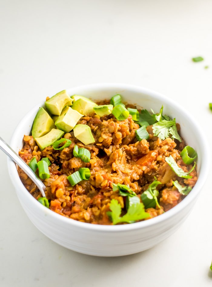 Vegan Red Lentil Chili {Slow Cooker Recipe} - Running on Real Food