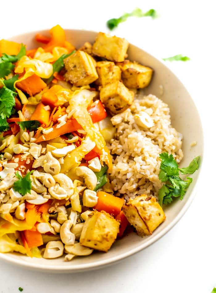 Cabbage Cashew Sweet Potato Stir Fry with Baked Tofu and Brown Rice - Running on Real Food