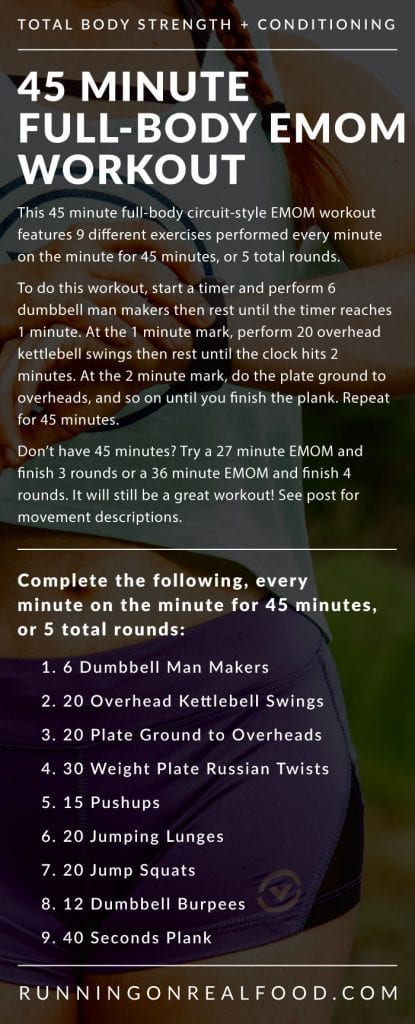 Graphic with text describing the details for a 45-minute full body EMOM workout.