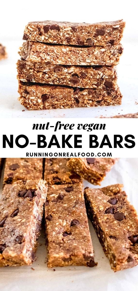 Pinterest graphic with an image and text for no-bake granola bars.