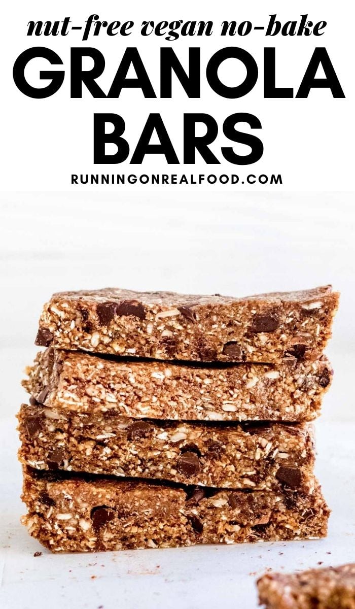 Pinterest graphic with an image and text for no-bake granola bars.
