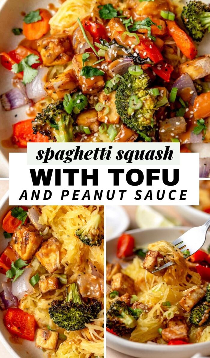 Graphic with 3 images of a spaghetti squash recipe with tofu and vegetables and text that reads "vegan spaghetti squash with tofu and peanut sauce".