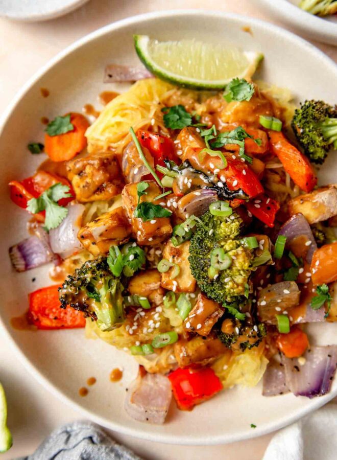 Vegan Spaghetti Squash with Tofu and Peanut Sauce - Running on Real Food