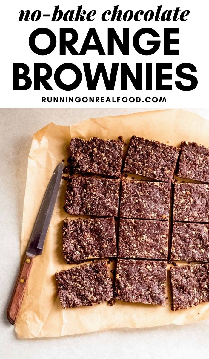 Pinterest graphic with an image and text for chocolate orange brownies.