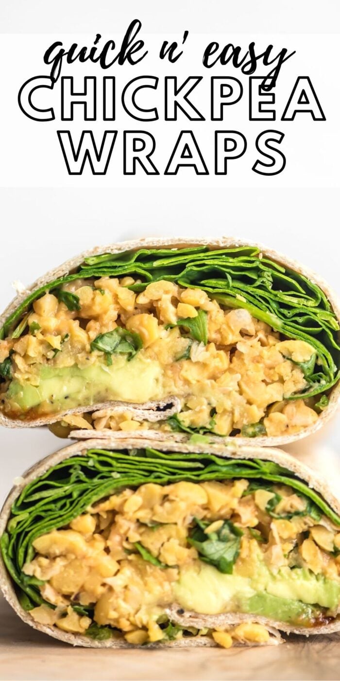 Pinterest graphic with an image and text for vegan spicy chickpea wraps.