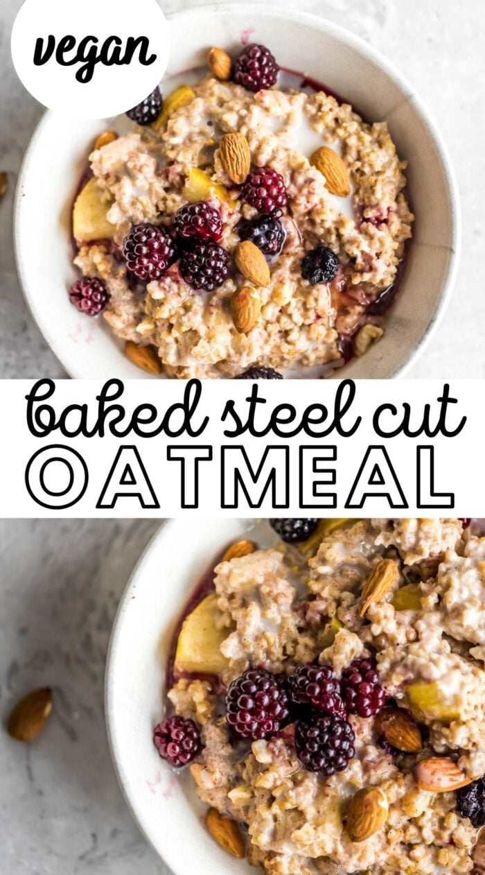 Pinterest graphic with an image and text for steel cut oats.
