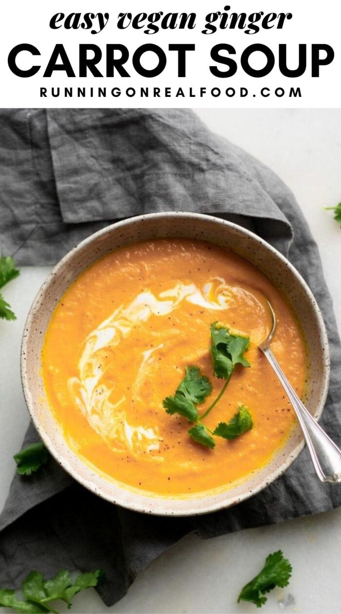 Pinterest graphic with an image and text for ginger carrot soup.