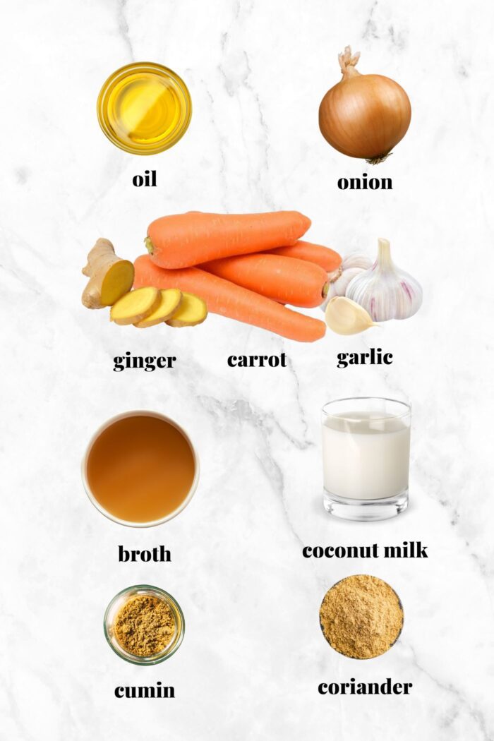 Ingredients for making carrot ginger soup recipe, each labelled with text.