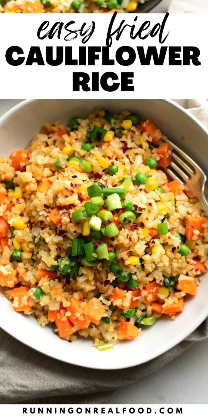 Pinterest graphic for a healthy vegan cauliflower fried rice recipe with images and text.
