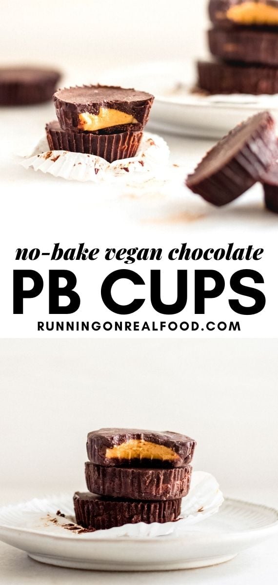 Pinterest graphic with an image and text for chocolate peanut butter cups.
