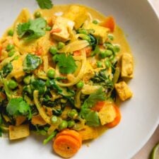 Bowl of mixed vegetable curry topped with cilantro.