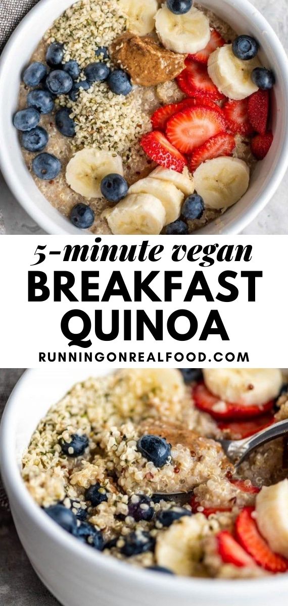 Pinterest graphic with an image and text for quick breakfast quinoa.