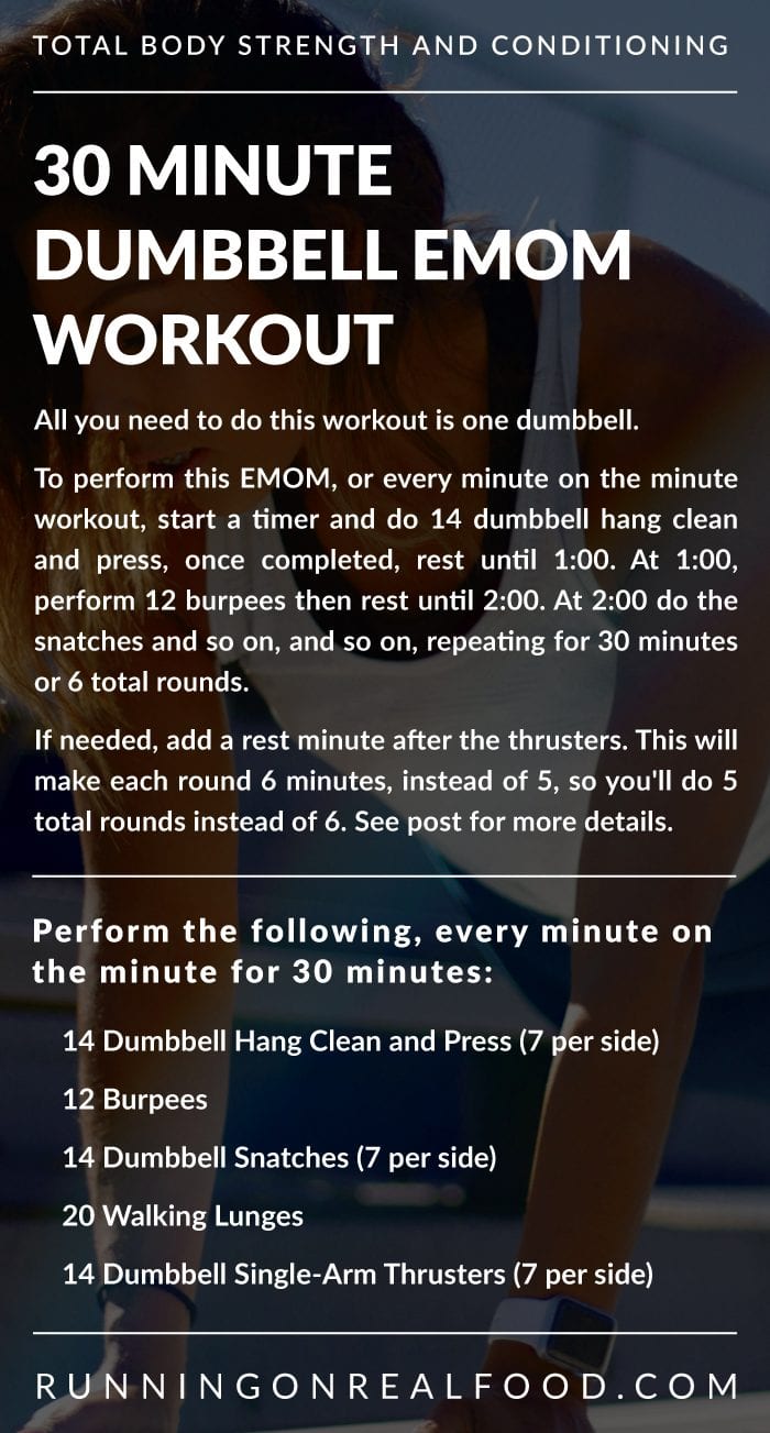 Instructions for a 30 minute dumbbell EMOM workout.